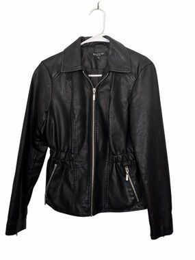 Baccini Black Faux Leather Silver Accents Zippered Collared Jacket